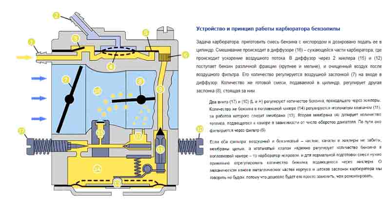 Устройство и принцип работы карбюратора современной бензопилы, схема с описанием