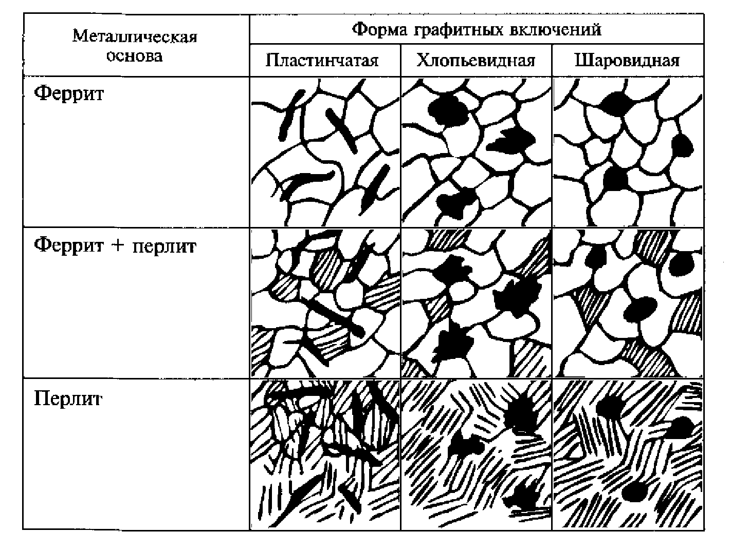 Какая форма графита. Схема микроструктуры серого чугуна. Форма графитных включений в чугунах. Форма графитовых включений в чугуне. Микроструктура серого чугуна таблица.